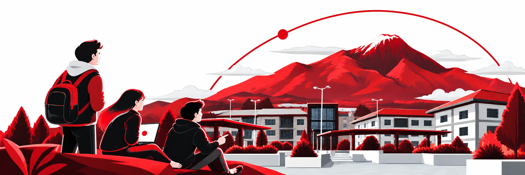 Estudiantes observando el campus de Yachay Tech con el volcán al fondo